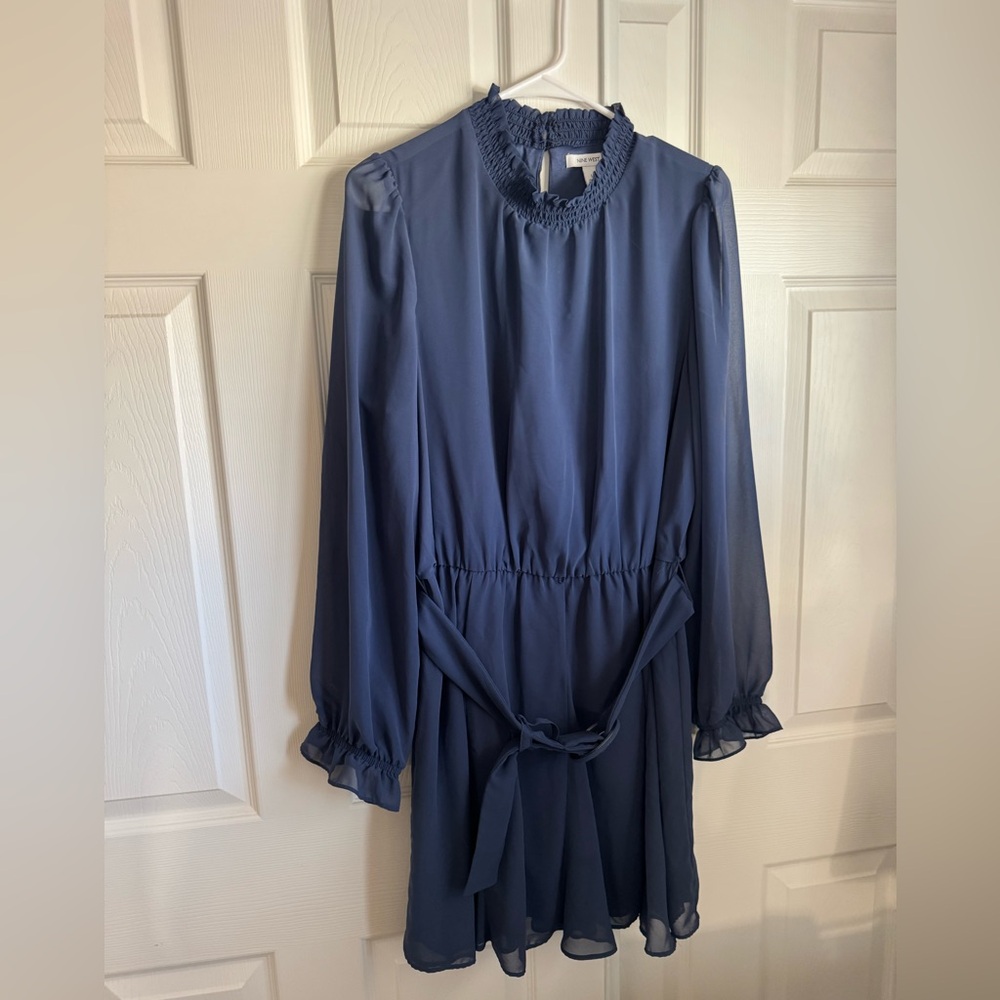 Nine West Navy Long-Sleeve Belted Dress - Picture 2 of 9